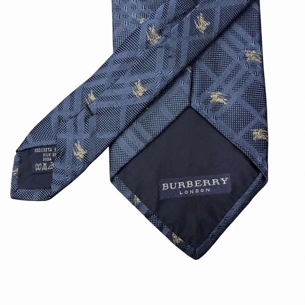 Burberry London Men's Tie Blue Nova Check Plaid Equestrian Knight Silk 3.75